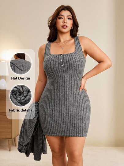 Edennvi Women's Plus Size Minimalist Casual Hooded Cardigan Jacket And Minimalist Tank Dress 2 Pieces Set, Heather Gray, Autumn/Winter, Suitable For Home, Daily Wear And Commuting