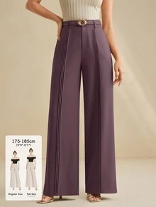 Anewsta Tall Elegant Intellectual Purple Pleated Leg Design Decorated Women's Wide Leg Suit Pants Office Wear - Purple - View 2