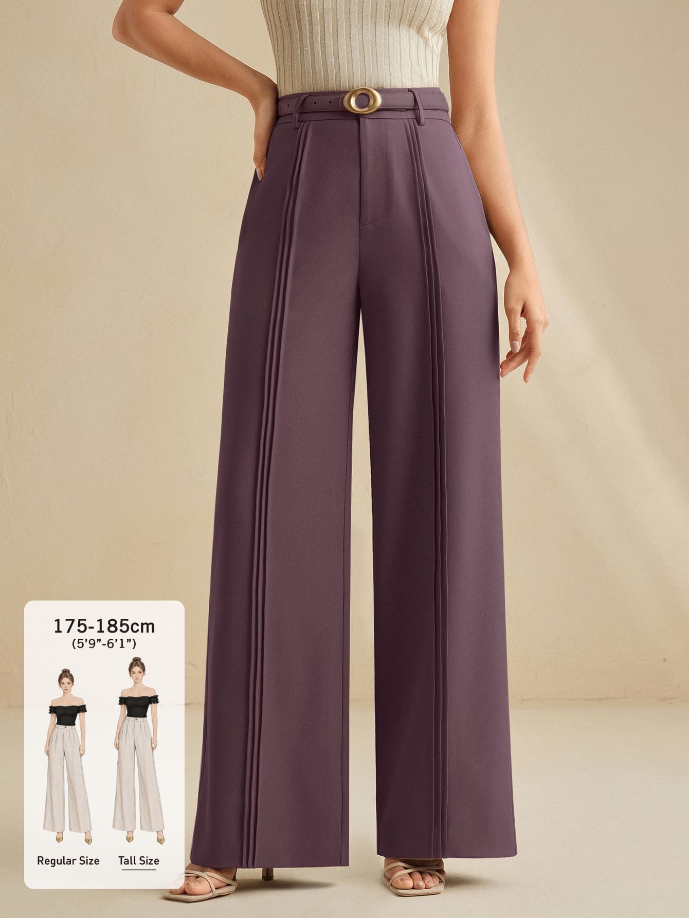 Anewsta Tall بنطال بدلة نسائي واسع الساق بتصميم أنيق وذكي مزين بطيات بنفسجية على الساق لملابس المكتب - الأرجواني - مشاهدة 1