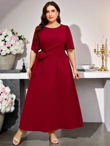 Modelyn Plus Size Elegant Solid Color Tie Wrap Dress,Business Casual Woman - Burgundy - View 6