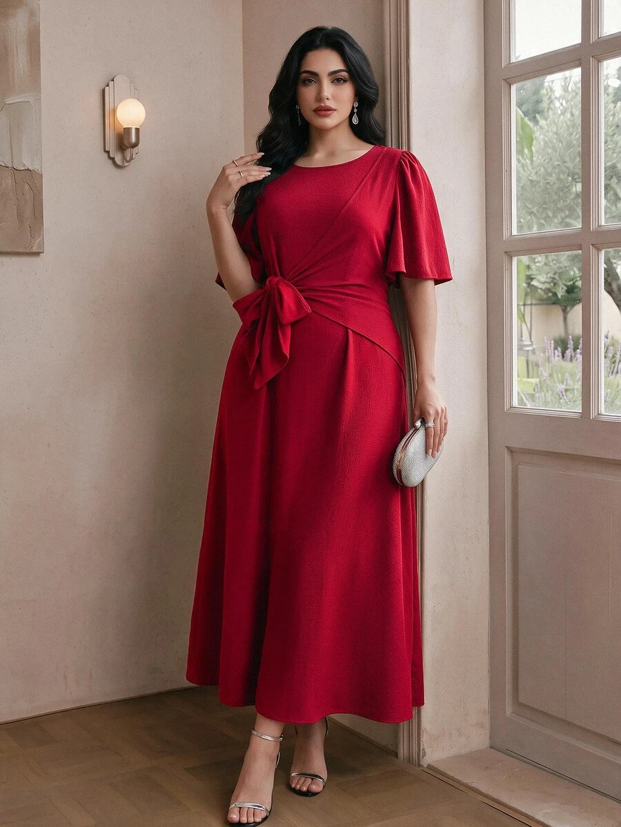 Modelyn Plus Size Elegant Solid Color Tie Wrap Dress,Business Casual Woman