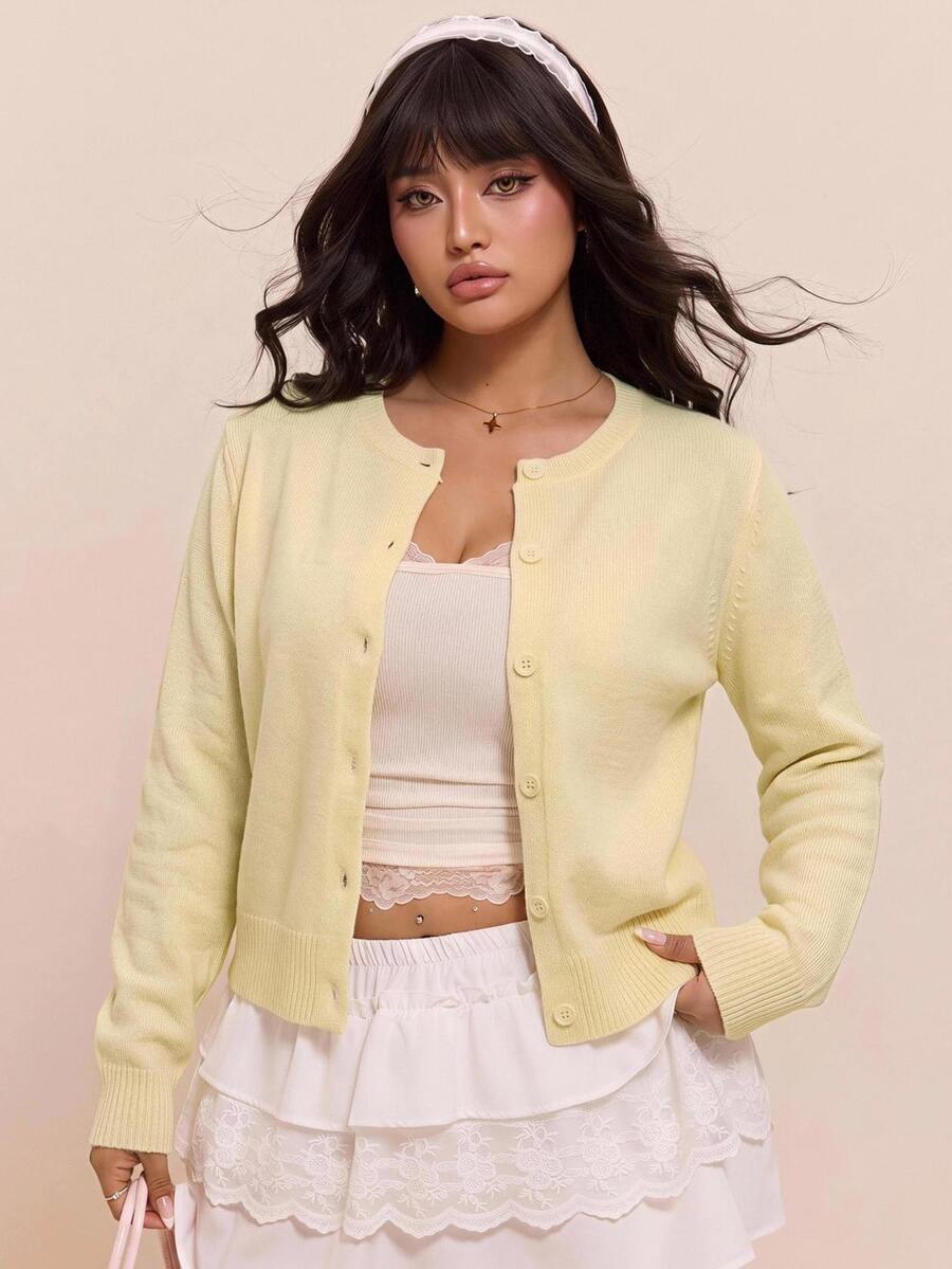 CovetEZ Fall New Butter Yellow Casual Elegant Baggy Simple Versatile Plus Size Women's Long Sleeve Knit Cardigan Office Vacation Club Formal - Pale Yellow - View 1