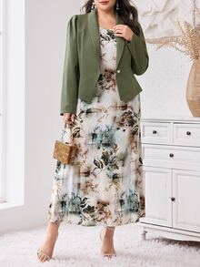 Modelyn Plus Size Floral Print Dress And Long Sleeve Blazer Set 2 Pieces Set Fall - Multicolor - View 4