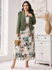 Modelyn Plus Size Floral Print Dress And Long Sleeve Blazer Set 2 Pieces Set Fall - Multicolor - View 2