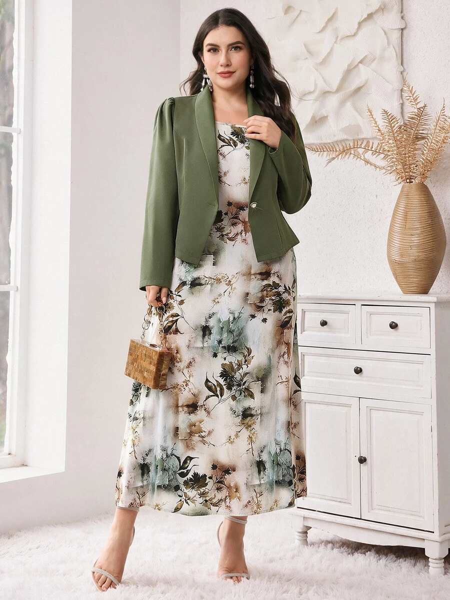 Modelyn Plus Size Floral Print Dress And Long Sleeve Blazer Set 2 Pieces Set Fall