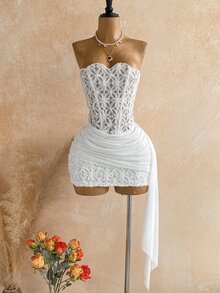 Soleia 女款性感度假無肩帶蕾絲紋理垂墜網紗抓皺胸衣迷你洋裝，適合海灘、郵輪、公路旅行、城市度假、約會、下午茶、波希米亞風、海邊、島嶼、夏季、音樂節、日常通勤、婚禮季、派對、嘉年華 - 白色 - 查看 7