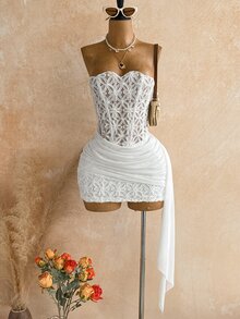 Soleia 女款性感度假無肩帶蕾絲紋理垂墜網紗抓皺胸衣迷你洋裝，適合海灘、郵輪、公路旅行、城市度假、約會、下午茶、波希米亞風、海邊、島嶼、夏季、音樂節、日常通勤、婚禮季、派對、嘉年華 - 白色 - 查看 9