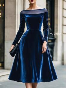 Balvessa Mesh Off-Shoulder Fitted Long Sleeve Velvet Waist-Cinching Full Skirt Midi Dress - Aqua Blue - View 5