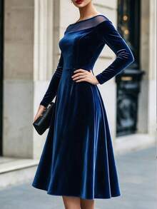 Balvessa Mesh Off-Shoulder Fitted Long Sleeve Velvet Waist-Cinching Full Skirt Midi Dress - Aqua Blue - View 3