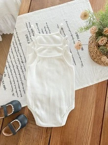 SHEIN 3件組可愛女嬰白色針織肩帶連身衣套裝，夏季幼兒竹纖維透氣連身衣 - 白色 - 查看 4