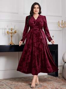 Modelyn Plus Size Women Floral Jacquard V-Neck Puff Sleeve Elegant Dress Long Evening Dresses - Burgundy - View 3