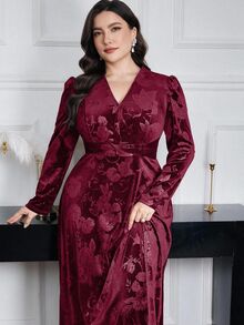 Modelyn Plus Size Women Floral Jacquard V-Neck Puff Sleeve Elegant Dress Long Evening Dresses - Burgundy - View 9