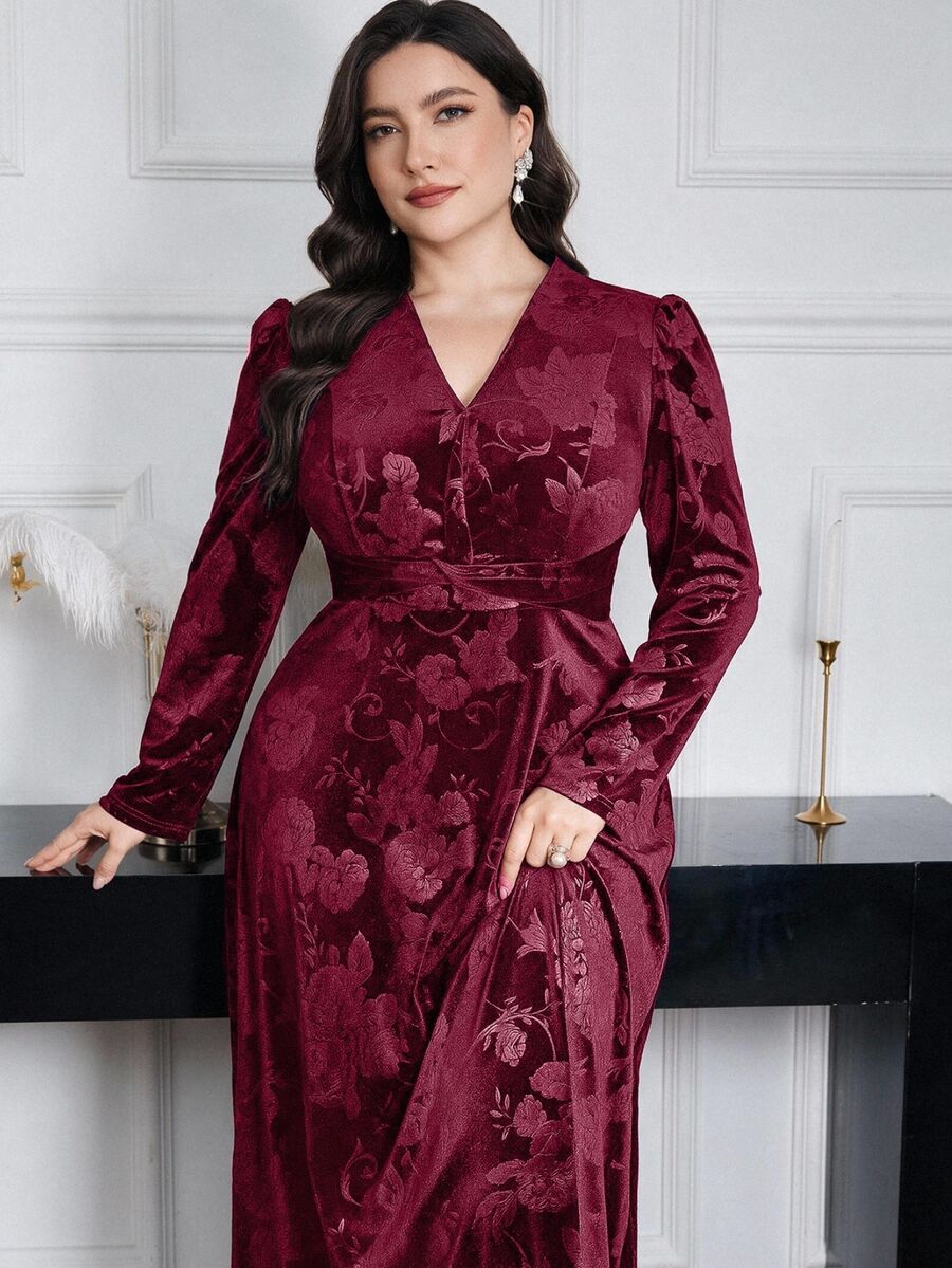 Modelyn Plus Size Women Floral Jacquard V-Neck Puff Sleeve Elegant Dress Long Evening Dresses - Burgundy - View 1