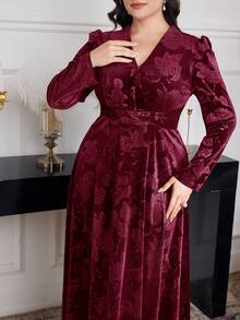 Modelyn Plus Size Women Floral Jacquard V-Neck Puff Sleeve Elegant Dress Long Evening Dresses - Burgundy - View 5