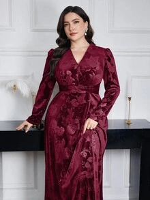 Modelyn Plus Size Women Floral Jacquard V-Neck Puff Sleeve Elegant Dress Long Evening Dresses - Burgundy - View 1