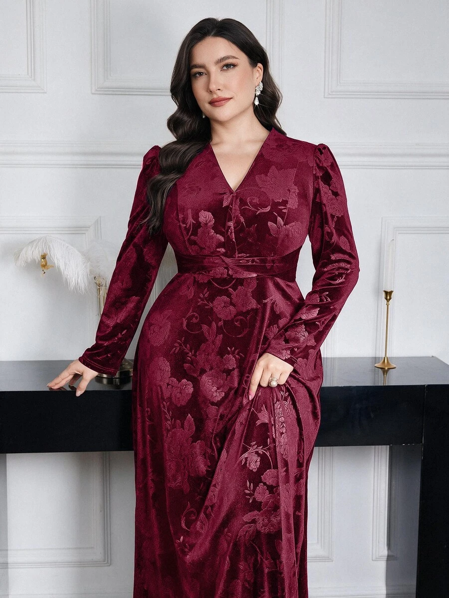 Modelyn Plus Size Women Floral Jacquard V-Neck Puff Sleeve Elegant Dress Long Evening Dresses - Burgundy - View 1