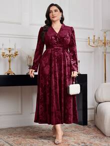 Modelyn Plus Size Women Floral Jacquard V-Neck Puff Sleeve Elegant Dress Long Evening Dresses - Burgundy - View 4
