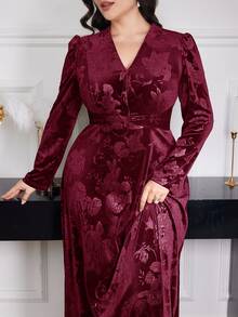 Modelyn Plus Size Women Floral Jacquard V-Neck Puff Sleeve Elegant Dress Long Evening Dresses - Burgundy - View 8