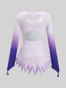 SHEIN Tween Girl Rhinestone Print Long Sleeve Sports Athletic Jumpsuit Dance Purple Summer For Gymnastics Competitions Figure Skating Dress Dance - Purple - View 8