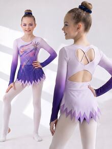 SHEIN Tween Girl Rhinestone Print Long Sleeve Sports Athletic Jumpsuit Dance Purple Summer For Gymnastics Competitions Figure Skating Dress Dance - Purple - View 5