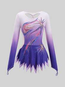 SHEIN Tween Girl Rhinestone Print Long Sleeve Sports Athletic Jumpsuit Dance Purple Summer For Gymnastics Competitions Figure Skating Dress Dance - Purple - View 7