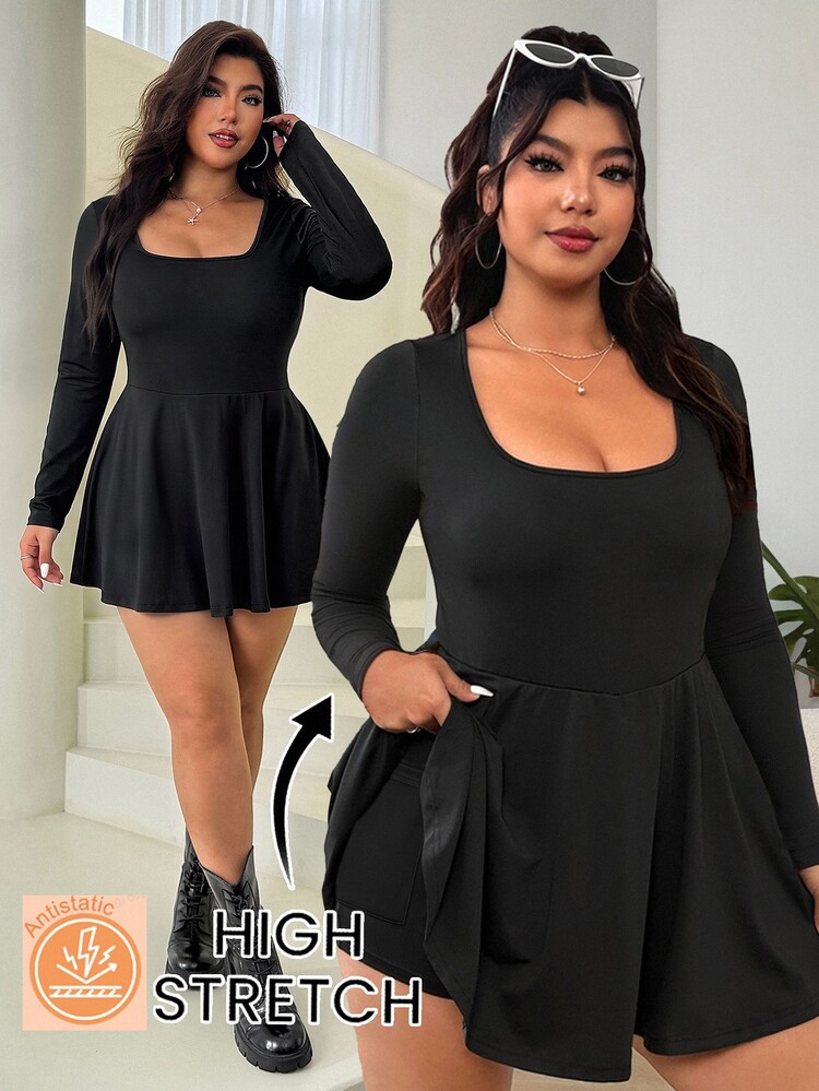 Solflare New Fall/Winter Plus Size Women's Black Anti-Static Stretch Knit Square Neck Long Sleeve Jumpsuit With Shorts For Home, Work, Dates & School - Black - View 1