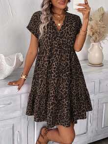 SHEIN LUNE Women's V-Neck Leopard Print Casual Boho Soft Form Everyday Vacation Formal Dress, Suitable For Teachers, Plus Size Beige Summer Brunch - Multicolor - View 3