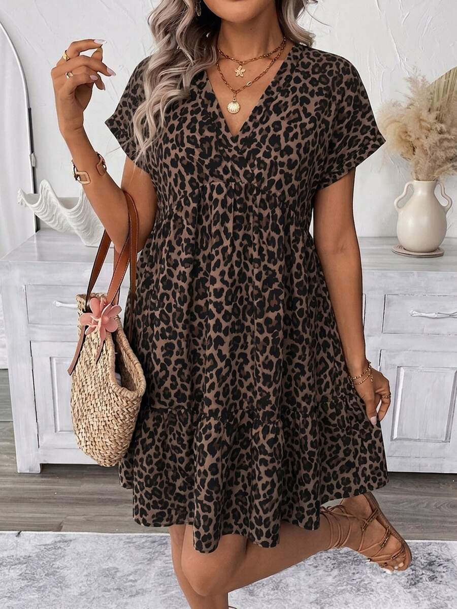 SHEIN LUNE Women's V-Neck Leopard Print Casual Boho Soft Form Everyday Vacation Formal Dress, Suitable For Teachers, Plus Size Beige Summer Brunch - Multicolor - View 1