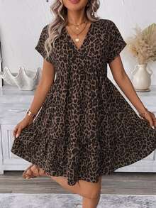 SHEIN LUNE Women's V-Neck Leopard Print Casual Boho Soft Form Everyday Vacation Formal Dress, Suitable For Teachers, Plus Size Beige Summer Brunch - Multicolor - View 6