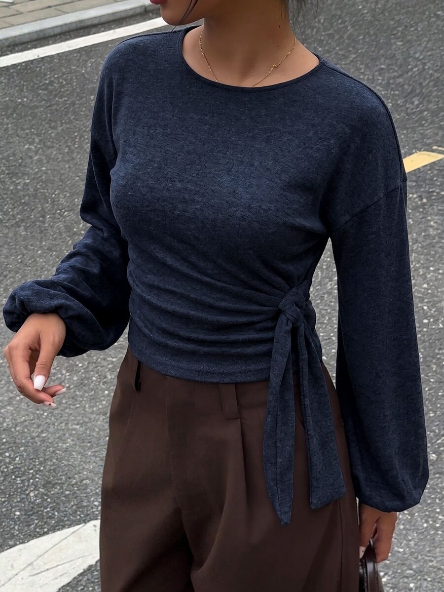 Siren Gaze 女款街頭風優雅休閒綁帶抓皺長袖上衣,適合日常穿著、早午餐、秋季 - 藏蓝色 - 查看 1