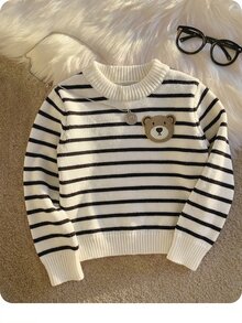 SHEIN 男嬰條紋圖案熊貼布秋冬毛衣 - 黑與白 - 查看 1