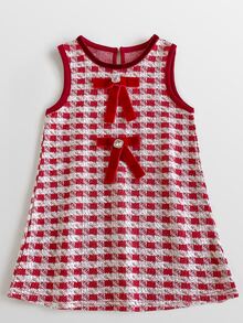 Maija Kids Maija Kids 1件少女紅白色格紋無袖針織休閒洋裝，附蝴蝶結，極簡設計，適合四季日常穿著，室內、休閒、運動、攝影、節日、生日、萬聖節、聖誕節 - 紅色 - 查看 1