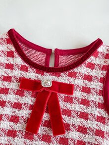 Maija Kids Maija Kids 1件少女紅白色格紋無袖針織休閒洋裝，附蝴蝶結，極簡設計，適合四季日常穿著，室內、休閒、運動、攝影、節日、生日、萬聖節、聖誕節 - 紅色 - 查看 5