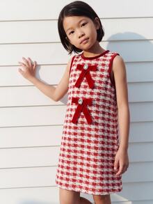 Maija Kids Maija Kids 1件少女紅白色格紋無袖針織休閒洋裝，附蝴蝶結，極簡設計，適合四季日常穿著，室內、休閒、運動、攝影、節日、生日、萬聖節、聖誕節 - 紅色 - 查看 8