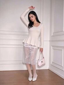 CHAOSSORY CHAOSSORY Apricot French Style Ruffle Hem Slim Fit Long Sleeve Blouse For Daily Commute - Apricot - View 4