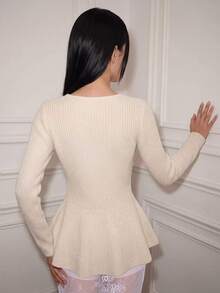 CHAOSSORY CHAOSSORY Apricot French Style Ruffle Hem Slim Fit Long Sleeve Blouse For Daily Commute - Apricot - View 2