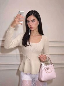 CHAOSSORY CHAOSSORY Apricot French Style Ruffle Hem Slim Fit Long Sleeve Blouse For Daily Commute - Apricot - View 5