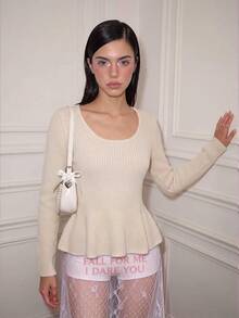 CHAOSSORY CHAOSSORY Apricot French Style Ruffle Hem Slim Fit Long Sleeve Blouse For Daily Commute - Apricot - View 6