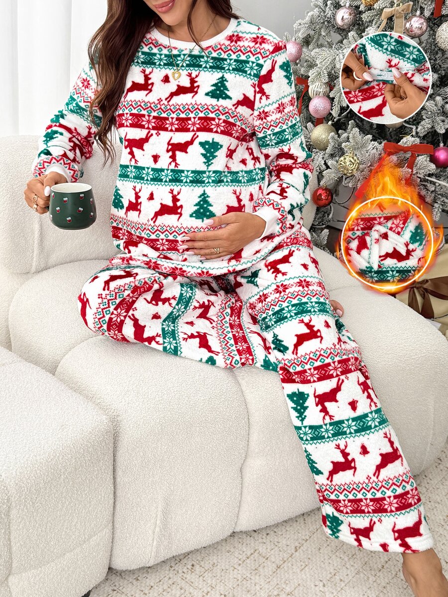 SHEIN Christmas Outfit, Two Pieces Christmas Set,Maternity Christmas Print Top And Pants 2 Pieces Set Fall - Multicolor - View 1