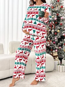 SHEIN Christmas Outfit, Two Pieces Christmas Set,Maternity Christmas Print Top And Pants 2 Pieces Set Fall - Multicolor - View 4