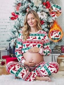 SHEIN Christmas Outfit, Two Pieces Christmas Set,Maternity Christmas Print Top And Pants 2 Pieces Set Fall - Multicolor - View 2