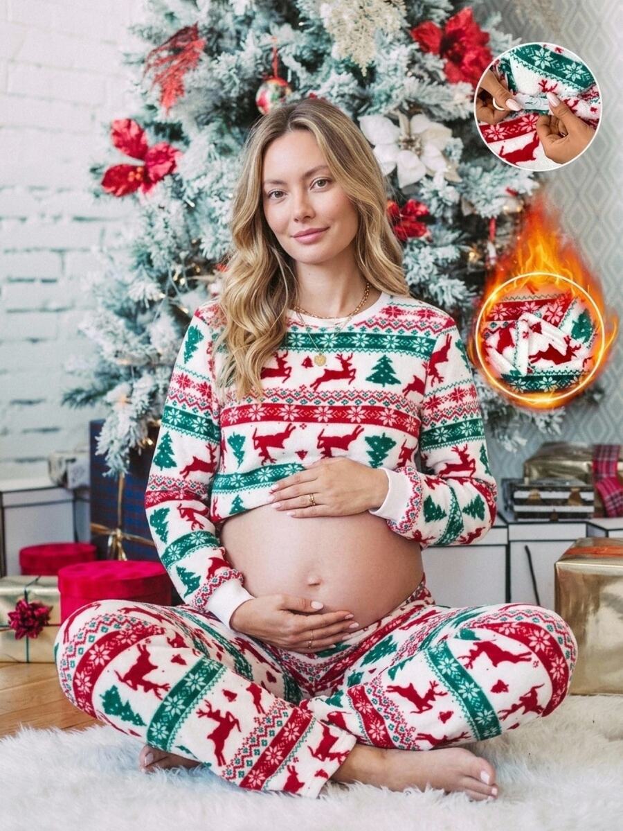 SHEIN Christmas Outfit, Two Pieces Christmas Set,Maternity Christmas Print Top And Pants 2 Pieces Set Fall - Multicolor - View 1