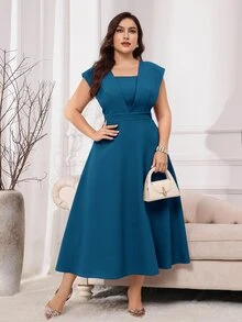 Modelyn Burgundy Red Elegant Plus Size Square Neck Short Sleeve Party Dress Blue - Teal Blue - View 5