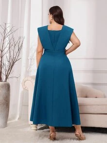 Modelyn Burgundy Red Elegant Plus Size Square Neck Short Sleeve Party Dress Blue - Teal Blue - View 2