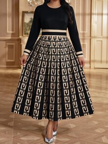 SHEIN Lady Plus Size Women's Round Neck Long Sleeve Patchwork Geometric Print Elegant Dress Fall Dinner Party Evening Black - Multicolor - View 1