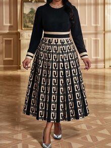 SHEIN Lady Plus Size Women's Round Neck Long Sleeve Patchwork Geometric Print Elegant Dress Fall Dinner Party Evening Black - Multicolor - View 3