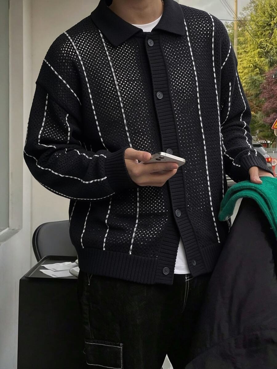 Manfinity CasualKnits 秋冬款純色鏤空黑白條紋長袖開襟衫,適合外出與辦公休閒穿著 - 黑色 - 查看 1