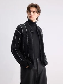 Manfinity CasualKnits 秋冬款純色鏤空黑白條紋長袖開襟衫，適合外出與辦公休閒穿著 - 黑色 - 查看 7