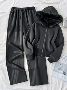 SHEIN Tween Girls Thick Fleece Lined 2 Pieces Outfit, Fur Collar Cropped Hoodie Loose Trousers, Dark Grey Winter Casual Athletic Modest Set For Party - Grey - View 2