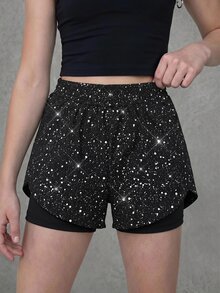 SHEIN Tween女孩亮面休閒運動百搭日常穿著運動短褲，黑色夏季款，適合運動與舞蹈，彈性舒適精緻 - 黑色 - 查看 4